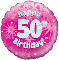 18″ HAPPY 50TH BIRTHDAY PINK HOLOGRAPHIC FOIL