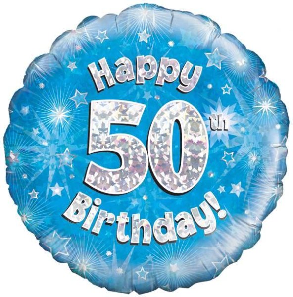 18" HAPPY 50TH BIRTHDAY BLUE HOLOGRAPHIC FOIL