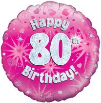 18″ HAPPY 80TH BIRTHDAY PINK HOLOGRAPHIC FOIL